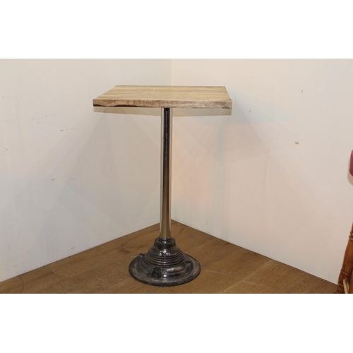 268 - Square wooden topped bar table with aluminium and chrome base. { 85 cm H x 53 cm W x 53 cm D}