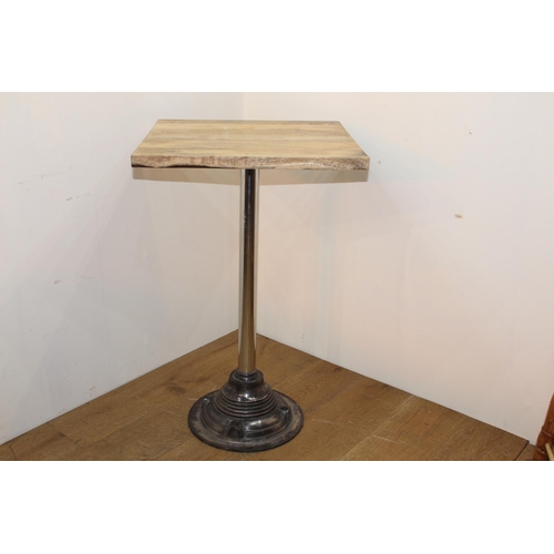 269 - Square wooden topped bar table with aluminium and chrome base. { 85 cm H x 53 cm W x 53 cm D}