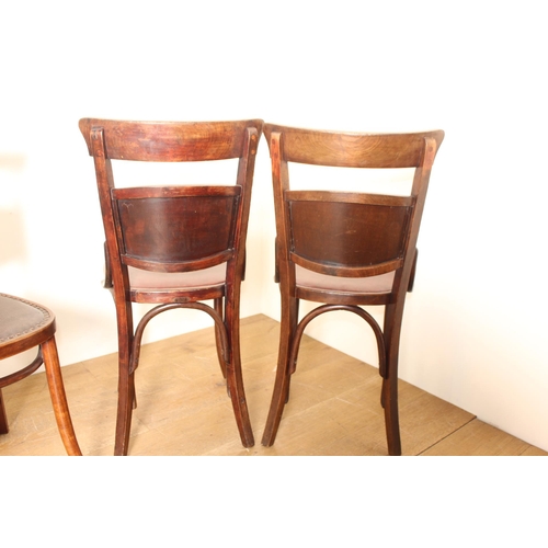 277 - Set of four bentwood chairs with leather seat and back. {90 cm H x 40 cm W x 40 cm D}.