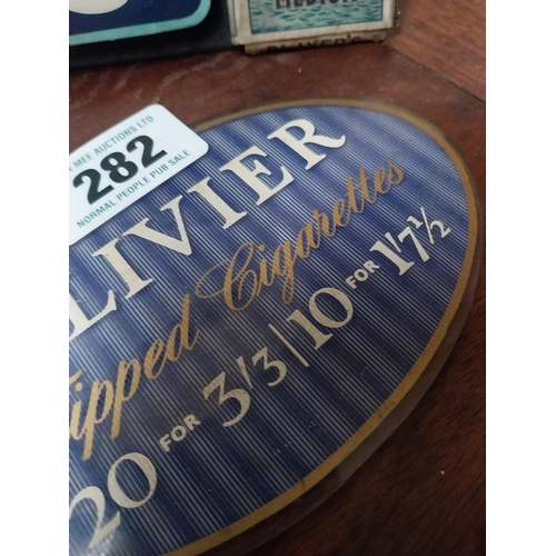 282 - Oliver Tipped Cigarettes Perspex sign. {9 cm H x 14 cm W}.