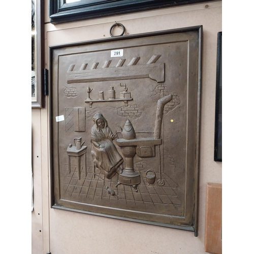 291 - Unusual embossed brass plaque depicting interior cottage scene. {72 cm H x 58 cm W}.