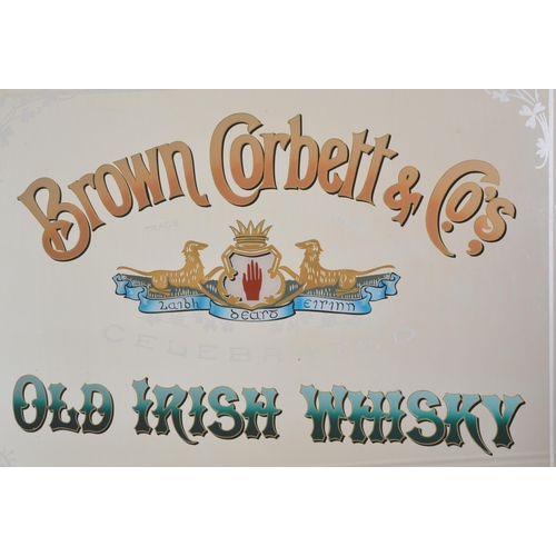 296 - Brown Corbett & Co's Old Irish Whiskey framed advertising mirror {79 cm H x 110 cm W}.