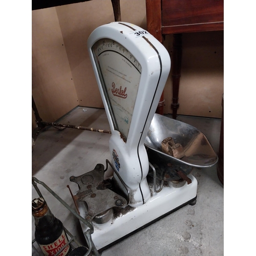 302 - 1950's enamel shop scales. {62 cm H x 40 cm W x 48 cm D}.