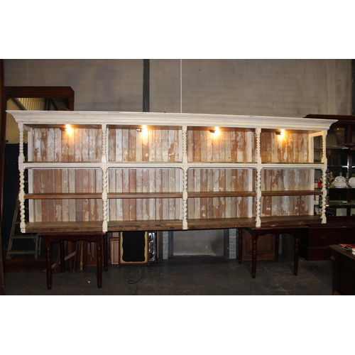 304 - Pine bar back with barley twist columns and tongue and groove backing. { 150 cm H x 440 cm W x 52 cm... 