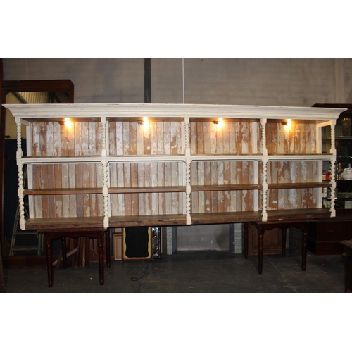 304 - Pine bar back with barley twist columns and tongue and groove backing. { 150 cm H x 440 cm W x 52 cm... 