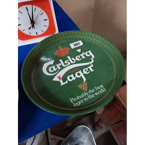 307 - Carlsberg tinplate advertising drinks tray. {30 cm Diam}.