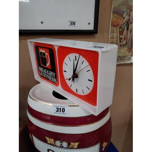 309 - Draught Guinness Perspex advertising clock {15 cm H x 30cm W x 6 cm D}.