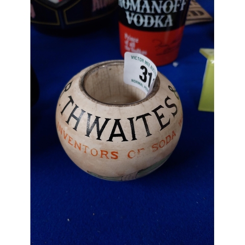 318 - Early 20th C. Thwaites Soda Dublin advertising Stoneware match holder. { 7 cm H x 9 Dia}.