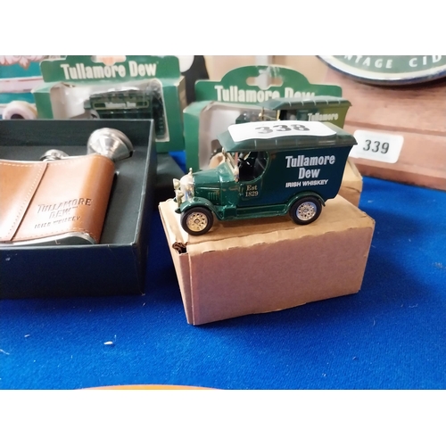 338 - Collection of Tullamore Dew memorabilia - Two Oxford Diecast models delivery vans, cased leather and... 