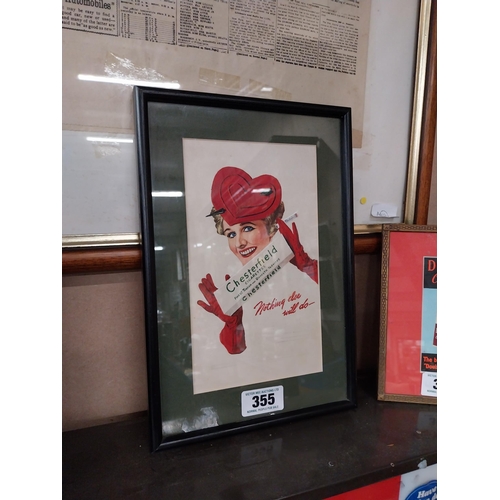 355 - 1950's Chesterfield Cigarettes framed advertising showcard {33 cm H x 23 cm W}.