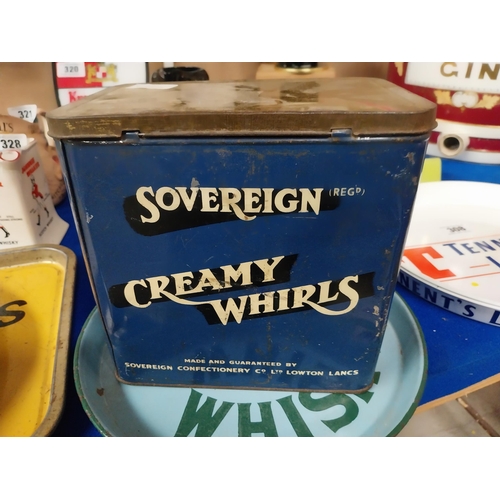 357 - Early 20th C. Sovereign Creamy Swirls advertising sweet tin. {21 cm H x 22 cm W x 14 cm D}.