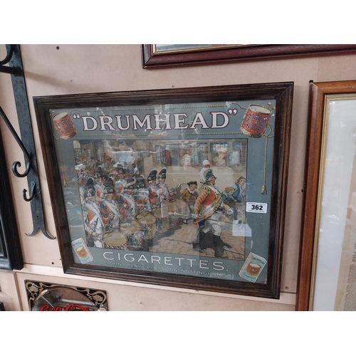 362 - Drumhead Cigarettes pictorial advertising showcard mounted in oak frame {50 cm H x 60 cm W}.