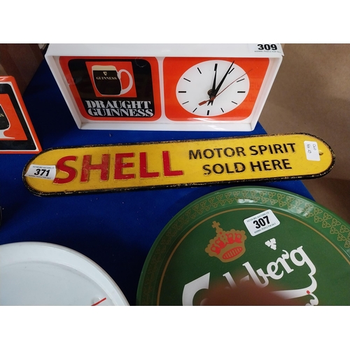 371 - Shell Motor Spirit Sold Here cast iron advertising sign {10 cm H x 50 cm W}.