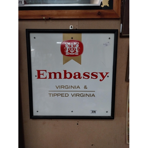 374 - Embassy Virginia Tipped Cigarettes framed Perspex sign. {51 cm H c 51 cm W}.