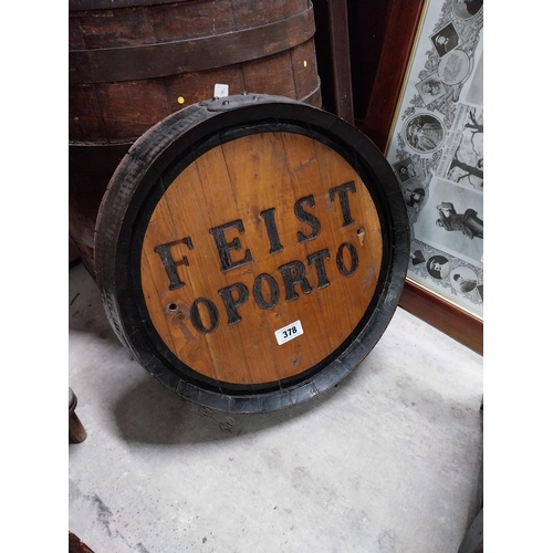 378 - Feist Oporto barrel end advertising sign {48 cm Dia.}.