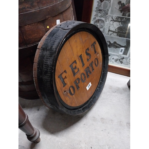 378 - Feist Oporto barrel end advertising sign {48 cm Dia.}.