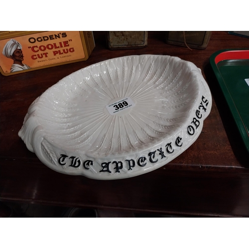 389 - Where reason rules the appetite obeys ceramic dish. {32 cm W x 24 cm W}.