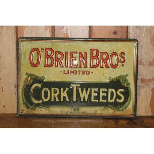 394 - O'Brien Bros Cork Tweeds metal advertising sign. { 20 cm H x 30 cm W}.