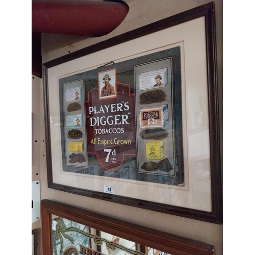 41 - Rare Player's Digger Tobaccos pictorial framed advertising show card {54 cm H x 69 cm W}.