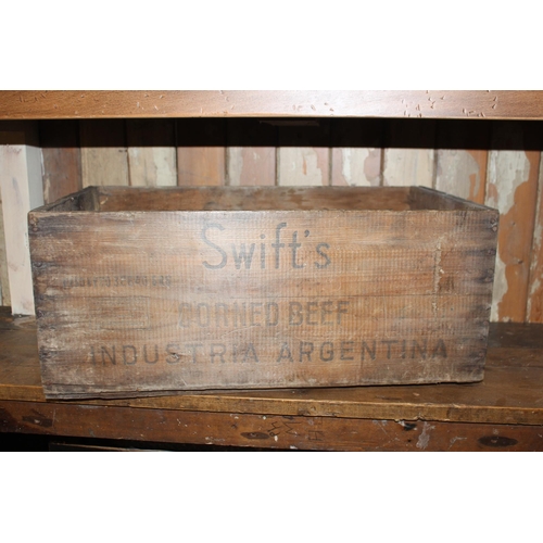 63 - Swift's Corned Beef wooden advertising crate {24 cm H x 56 cm W x 23 cm D}.