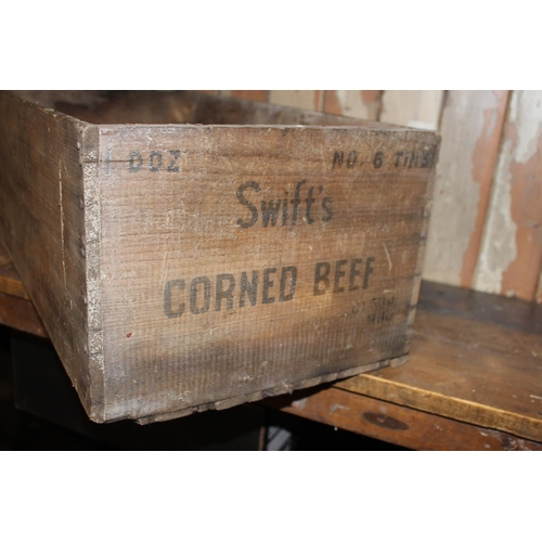 63 - Swift's Corned Beef wooden advertising crate {24 cm H x 56 cm W x 23 cm D}.