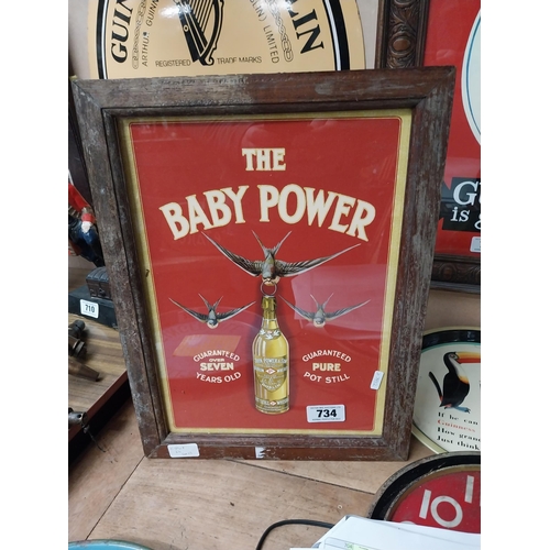 734 - The Baby Power Whiskey framed advertising print. {44 cm H x 24 cm W}.