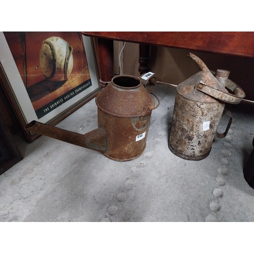 780 - Metal and brass oil measure. {28 cm H x 47 cm W x 22 cm D} and tin plate oil can. {36 cm H x 16 cm D... 