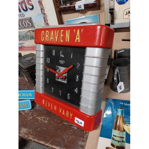 92A - Craven A tobacco Perspex advertising wall clock {37 cm H x 33 cm W}.