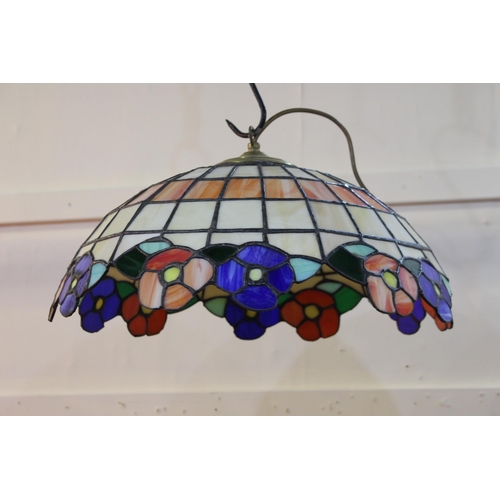 996 - Brass and leaded stained glass handing light in the Tiffany style {50 cm H x 45 cm Dia.}.