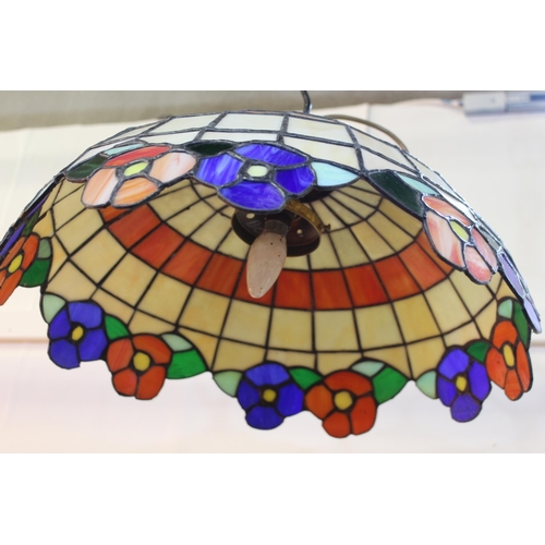 996 - Brass and leaded stained glass handing light in the Tiffany style {50 cm H x 45 cm Dia.}.