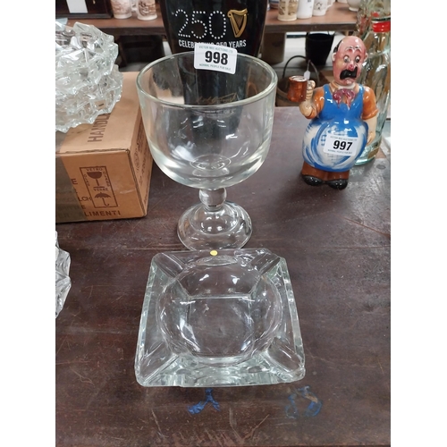 998 - Large glass brandy glass and cut glass ashtray {20 cm H x 13 cm Dia.}.