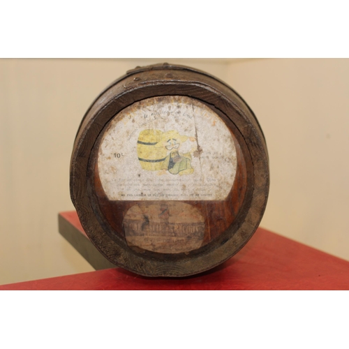 99 - Oak 10 litre metal bound barrel {33 cm H x 27 cm Dia.}.