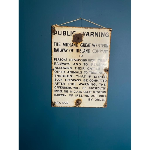 200A - Public warning Greart Western Railway of Ireland enamel advertising sign {45 cm H x 33 cm W}.