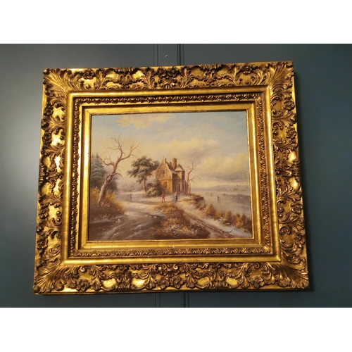 112 - Woodland and river scene oleograph mounted in gilt frame signed H Wood {103 cm H x 118 cm W}.