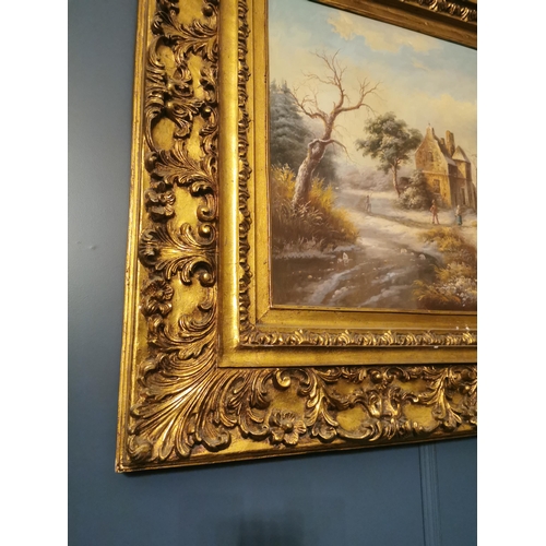 112 - Woodland and river scene oleograph mounted in gilt frame signed H Wood {103 cm H x 118 cm W}.