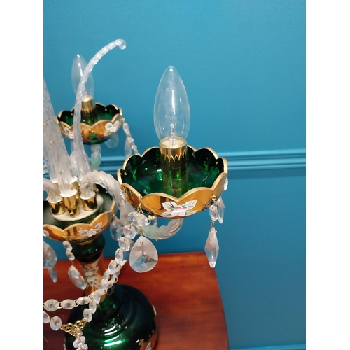 113 - Pair of good quality green glass gilded three branch candelabras decorated with flowers {63 cm H x 4... 