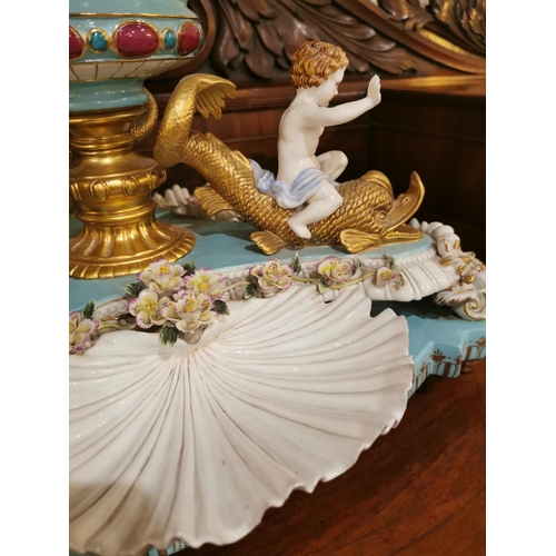 114 - Exceptional quality Italian and ceramic gilded centre piece decorative with Cherubs and Carp {51 cm ... 