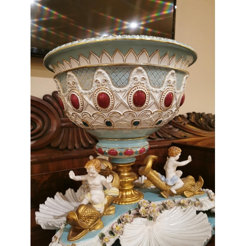 114 - Exceptional quality Italian and ceramic gilded centre piece decorative with Cherubs and Carp {51 cm ... 