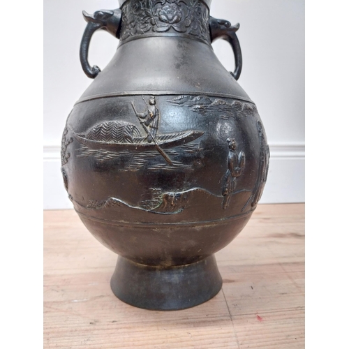 118 - Early 20th C. Japanese bronze vase decorated with river scenes {30 cm H x 20 cm Dia.}.