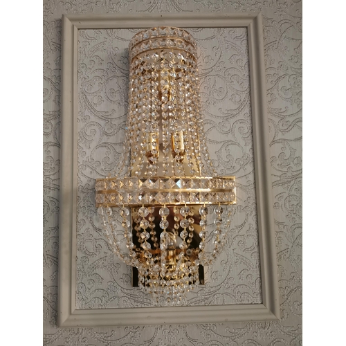 14 - Good quality French brass and crystal wall light {35 cm H x 20 cm W x 13 cm D}.