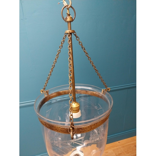140 - Good quality early 20th C. etched glass bell lantern with brass hanger {70 cm H x 28 cm Dia.}.