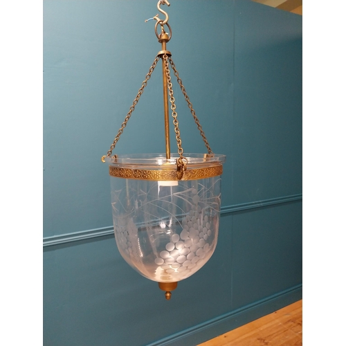 141 - Good quality early 20th C. etched glass bell lantern with brass hanger {70 cm H x 28 cm Dia.}.