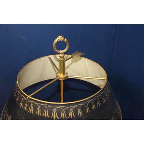 153 - Brass Bouillotte table lamp enamel shade  {H 70cm x Dia 42cm}.