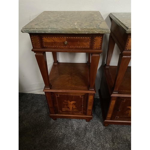 16 - Pair of rosewood inlaid bedside cabinets with marble top and single drawer over single door. {88 cm ... 