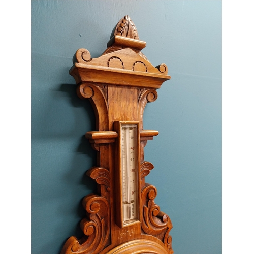 171 - 19th C. carved oak barometer with enamel dial {82 cm H x 29 cm W}.