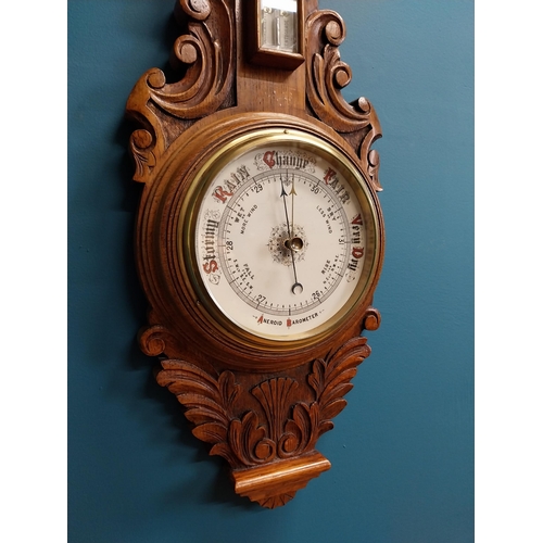 171 - 19th C. carved oak barometer with enamel dial {82 cm H x 29 cm W}.