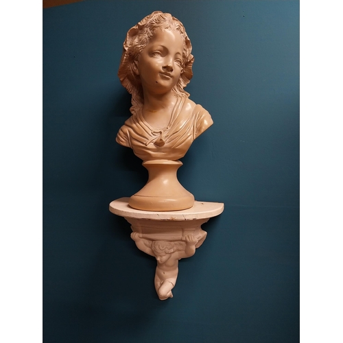 174 - Pair of 19th C. plaster busts of Ladies on plaster wall bracket decorated with cherubs {68 cm H x 20... 