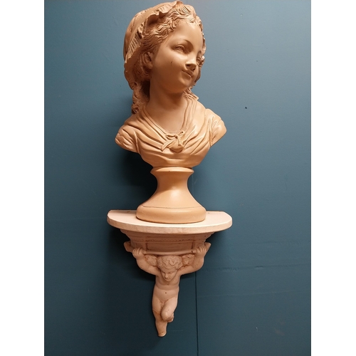 174 - Pair of 19th C. plaster busts of Ladies on plaster wall bracket decorated with cherubs {68 cm H x 20... 