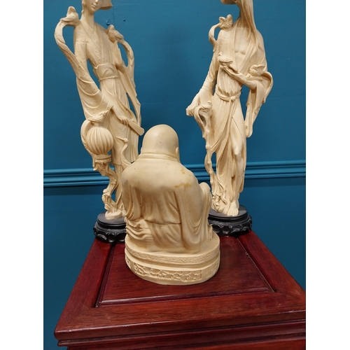 182 - Pair of decorative Oriental figures and model of Buddha. Figures {50 cm H x 13 cm Diam} and Buddha {... 