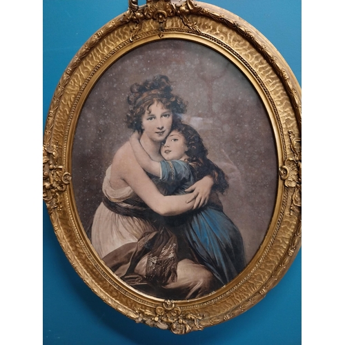 195 - 19th C. Mother and Child coloured print mounted in giltwood frame {66 cm H x 52 cm W}.